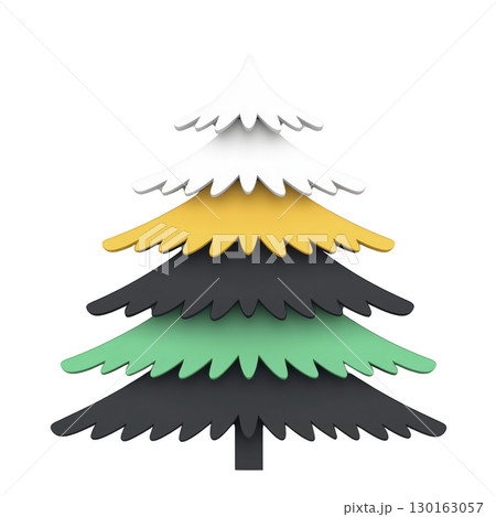 A stylized, colorful Christmas tree illustration features layered branches in white, yellow, black, green, and dark green, creating festive and modern design 130163057