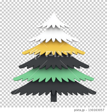 A stylized, colorful Christmas tree illustration features layered branches in white, yellow, black, green, and dark green, creating festive and modern design 130163057