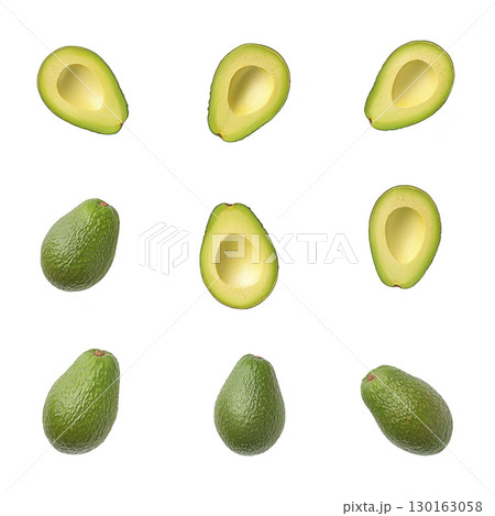 An Avocados arranged in grid pattern on transparency background, showcasing whole and halved views. vibrant green color and smooth texture highlight their freshness and appeal 130163058