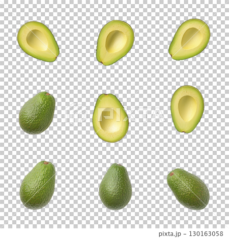 An Avocados arranged in grid pattern on transparency background, showcasing whole and halved views. vibrant green color and smooth texture highlight their freshness and appeal An Avocados arranged in grid pattern on transparency background, showcasing whole and halved views. vibrant green color and smooth texture highlight their freshness and appeal 130163058