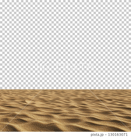 A vast expanse of golden sand stretches across image, creating serene and tranquil desert landscape. texture of sand is highlighted by gentle ripples, evoking sense of calm 130163071