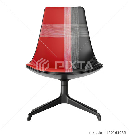 A modern chair with sleek design features red and black plaid pattern on seat and backrest, supported by black metal base. chair contemporary style adds bold touch to any space A modern chair with sleek design features red and black plaid pattern on seat and backrest, supported by black metal base. chair contemporary style adds bold touch to any space 130163086