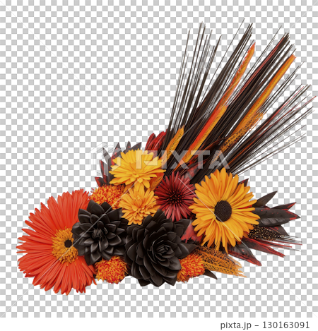 A vibrant arrangement of orange and yellow flowers, including gerbera daisies and chrysanthemums, is accented with dark foliage and decorative spikes, creating striking and dynamic floral display A vibrant arrangement of orange and yellow flowers, including gerbera daisies and chrysanthemums, is accented with dark foliage and decorative spikes, creating striking and dynamic floral display 130163091
