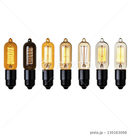 A row of vintage style Edison light bulbs with visible filaments, each glowing warmly, showcases different filament designs. These bulbs evoke nostalgic and industrial aesthetic 130163098