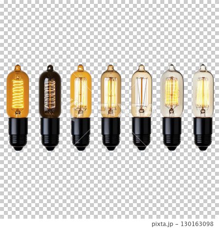 A row of vintage style Edison light bulbs with visible filaments, each glowing warmly, showcases different filament designs. These bulbs evoke nostalgic and industrial aesthetic 130163098
