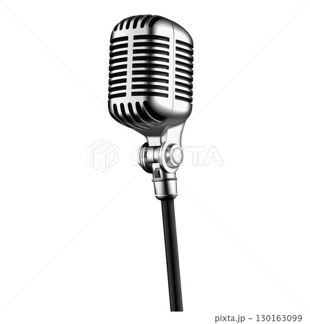 A vintage style silver microphone with classic design, featuring metallic grille and stand, evokes sense of nostalgia and elegance, perfect for retro themed events or performances 130163099