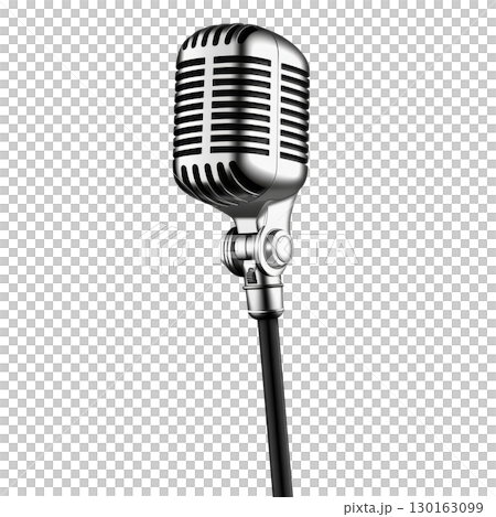 A vintage style silver microphone with classic design, featuring metallic grille and stand, evokes sense of nostalgia and elegance, perfect for retro themed events or performances 130163099