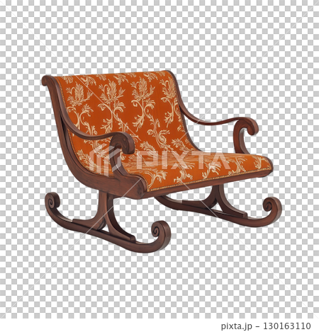An elegant wooden rocking chair with ornate scroll arms and legs, featuring vibrant orange floral patterned upholstery. classic design exudes vintage charm, perfect for cozy interiors 130163110