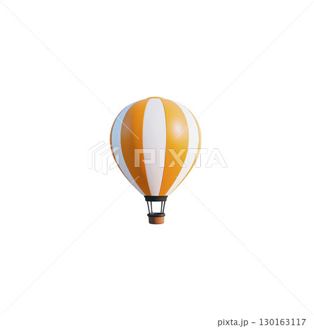 A vibrant orange and white hot air balloon floats against clear sky, showcasing its classic striped pattern. balloon basket is visible, adding to sense of adventure and exploration 130163117