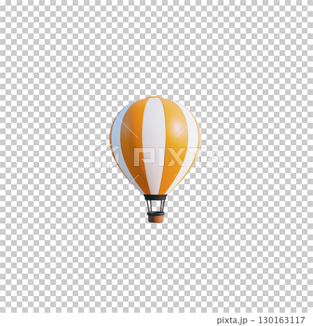 A vibrant orange and white hot air balloon floats against clear sky, showcasing its classic striped pattern. balloon basket is visible, adding to sense of adventure and exploration A vibrant orange and white hot air balloon floats against clear sky, showcasing its classic striped pattern. balloon basket is visible, adding to sense of adventure and exploration 130163117