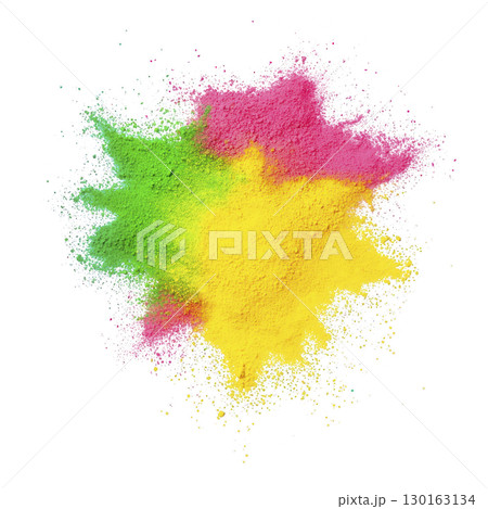 A vibrant explosion of colorful powder with pink, green, and yellow hues against transparency background, creating dynamic and energetic visual effect 130163134