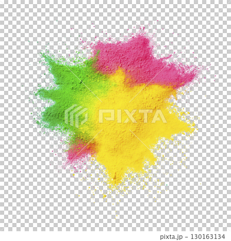 A vibrant explosion of colorful powder with pink, green, and yellow hues against transparency background, creating dynamic and energetic visual effect 130163134