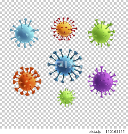 A Colorful 3D virus models in various shapes and sizes are displayed against transparency background, showcasing vibrant and educational representation of microscopic organisms 130163135