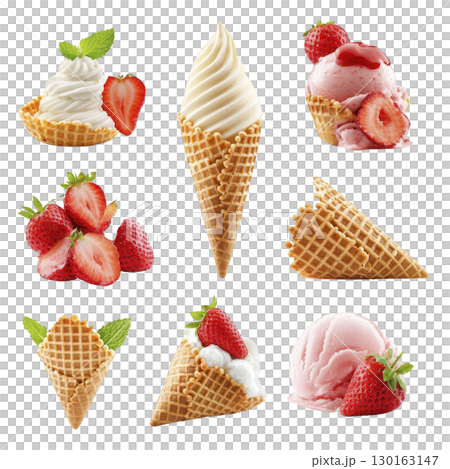 A Delicious assortment of strawberry ice cream and cones with fresh strawberries and mint leaves, showcasing various styles and textures. Perfect for sweet treat A Delicious assortment of strawberry ice cream and cones with fresh strawberries and mint leaves, showcasing various styles and textures. Perfect for sweet treat 130163147