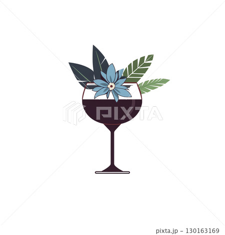 A wine glass filled with red wine is adorned with blue flower and green leaves, creating elegant and artistic presentation. combination of natural elements with drink adds touch of sophistication A wine glass filled with red wine is adorned with blue flower and green leaves, creating elegant and artistic presentation. combination of natural elements with drink adds touch of sophistication 130163169