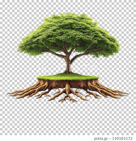 A vibrant tree with lush green leaves and extensive roots is depicted, symbolizing growth and stability. roots are exposed, showcasing tree foundation and connection to earth 130163172
