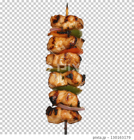 A Grilled chicken skewer with vibrant vegetables, including green peppers and red onions, showcasing delicious and appetizing barbecue treat 130163179