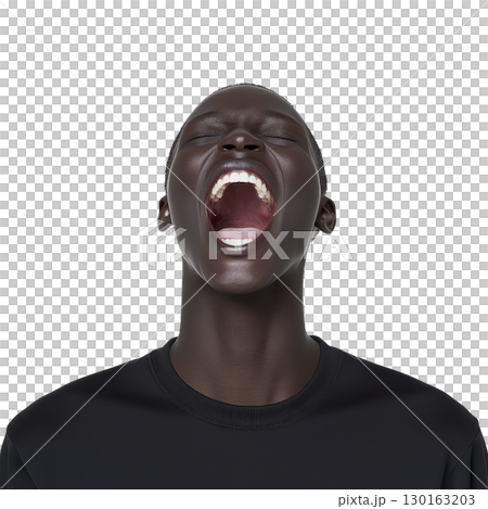 A person with joyful expression is captured mid laugh, showcasing sense of happiness and freedom. image focuses on open mouth and expressive face, highlighting emotion 130163203