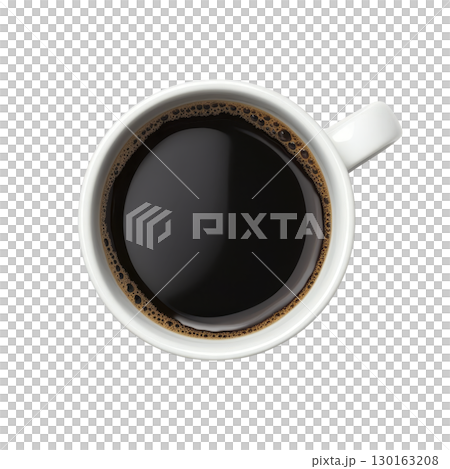 A top view of white ceramic cup filled with black coffee, showcasing rich, dark liquid and few bubbles on surface. simple and classic design evokes sense of warmth and comfort 130163208