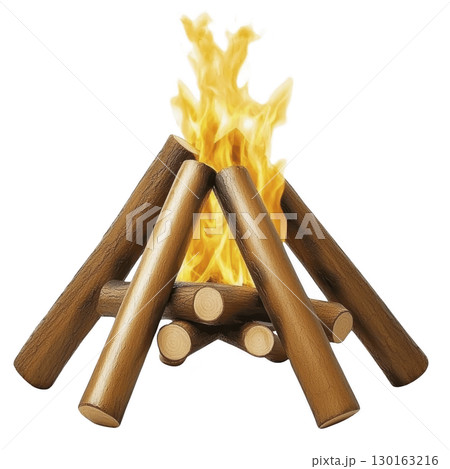 A campfire with logs arranged in teepee shape, flames rising brightly, creating warm and inviting atmosphere. Perfect for outdoor gatherings and cozy nights 130163216