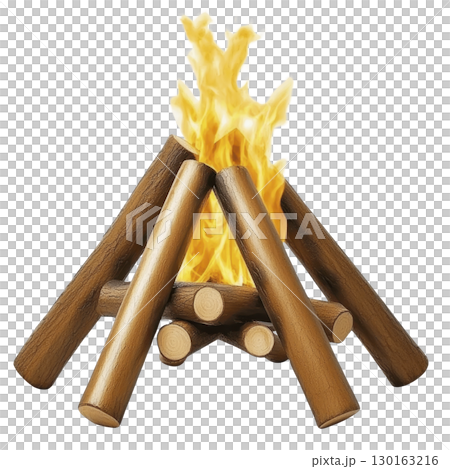 A campfire with logs arranged in teepee shape, flames rising brightly, creating warm and inviting atmosphere. Perfect for outdoor gatherings and cozy nights 130163216