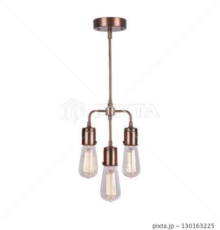 A vintage style pendant light fixture with three exposed Edison bulbs and copper finish, perfect for adding warm, industrial touch to any room 130163225