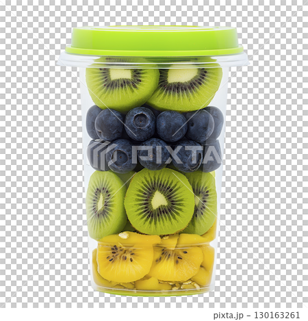 A clear plastic cup filled with vibrant layers of sliced kiwi, blueberries, and golden kiwi, topped with green lid, showcasing fresh and healthy snack option 130163261