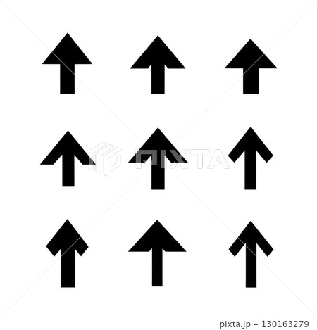 A Nine black arrows pointing upwards are arranged in grid pattern on transparency background, creating simple and symmetrical design 130163279