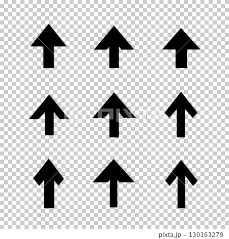 A Nine black arrows pointing upwards are arranged in grid pattern on transparency background, creating simple and symmetrical design 130163279