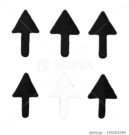 A group of five black arrows and one white arrow are arranged in two rows, with white arrow standing out in center of bottom row, creating contrast 130163280