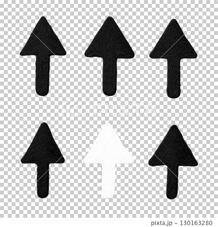 A group of five black arrows and one white arrow are arranged in two rows, with white arrow standing out in center of bottom row, creating contrast 130163280
