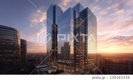 夕暮れ光に高層ビル群を見上げる都市景観写真 夕暮れ光に高層ビル群を見上げる都市景観写真 130163338