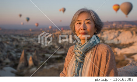 女性が熱気球の丘で落ち着いた装いで佇む 女性が熱気球の丘で落ち着いた装いで佇む 130163398