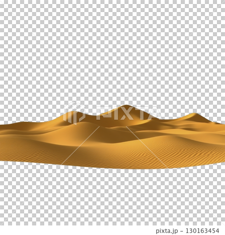 A Golden sand dunes under clear sky create serene desert landscape, showcasing natural beauty and tranquility of arid environment 130163454