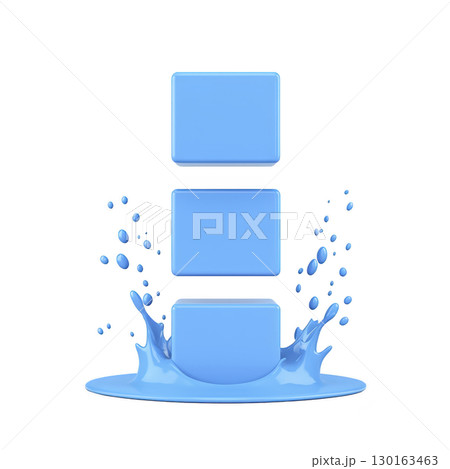 A Three blue cubes are stacked vertically, with bottom cube creating splash effect as if landing in liquid. image conveys sense of motion and fluidity 130163463