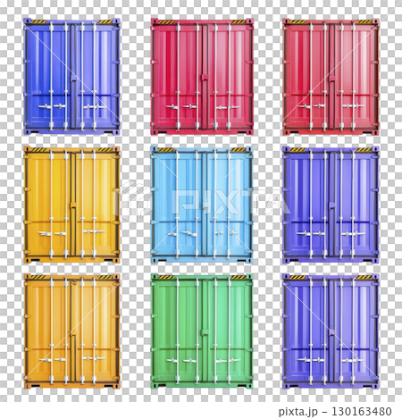 A grid of colorful shipping containers showcases vibrant hues including blue, red, yellow, and green, each with distinct metal locks and hinges, creating striking visual pattern 130163480