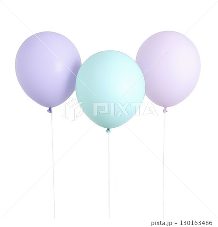 A Three pastel balloons in soft shades of purple, blue, and pink float against transparency background, creating cheerful and festive atmosphere A Three pastel balloons in soft shades of purple, blue, and pink float against transparency background, creating cheerful and festive atmosphere 130163486