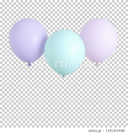 A Three pastel balloons in soft shades of purple, blue, and pink float against transparency background, creating cheerful and festive atmosphere A Three pastel balloons in soft shades of purple, blue, and pink float against transparency background, creating cheerful and festive atmosphere 130163486