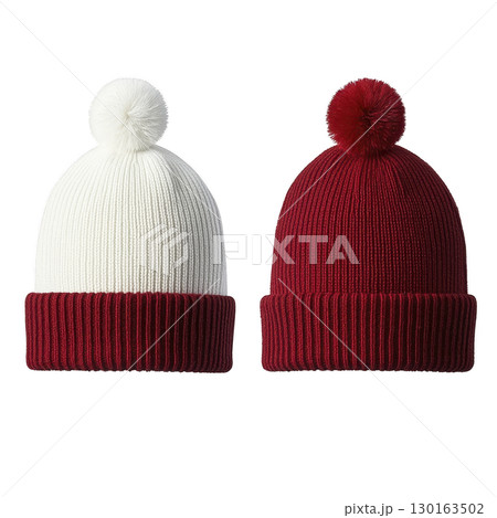 A Two cozy knit beanies with pom poms, one in white and other in red, are displayed side by side. These winter accessories are perfect for keeping warm and stylish during cold weather 130163502