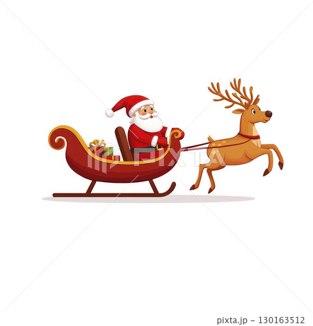 A Santa Claus joyfully rides in red sleigh pulled by reindeer, carrying gifts. festive scene captures spirit of Christmas with cheerful holiday vibe 130163512