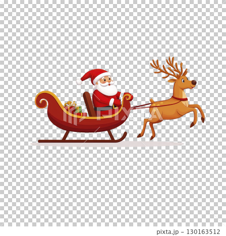 A Santa Claus joyfully rides in red sleigh pulled by reindeer, carrying gifts. festive scene captures spirit of Christmas with cheerful holiday vibe 130163512