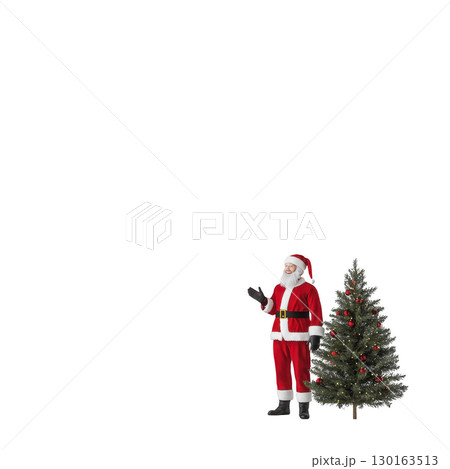 A cheerful Santa Claus stands beside beautifully decorated Christmas tree, adorned with colorful ornaments and twinkling lights, spreading holiday joy and festive spirit 130163513