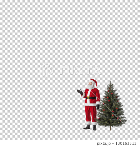 A cheerful Santa Claus stands beside beautifully decorated Christmas tree, adorned with colorful ornaments and twinkling lights, spreading holiday joy and festive spirit 130163513