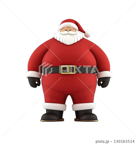 A jolly, cartoon Santa Claus stands with cheerful expression, wearing his classic red suit with white trim, black belt, and boots. His white beard and hat complete festive look 130163514