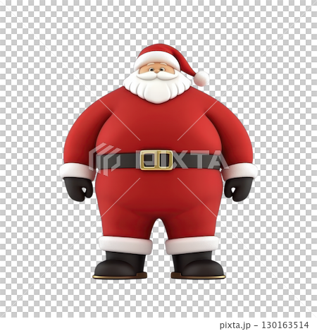 A jolly, cartoon Santa Claus stands with cheerful expression, wearing his classic red suit with white trim, black belt, and boots. His white beard and hat complete festive look 130163514