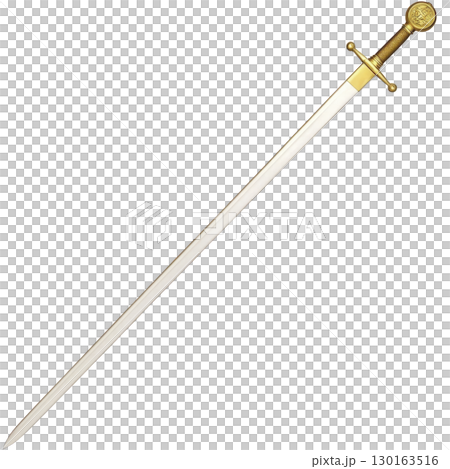 A long, elegant sword with golden hilt and intricate design, featuring straight, sharp blade. sword exudes sense of historical significance and craftsmanship 130163516