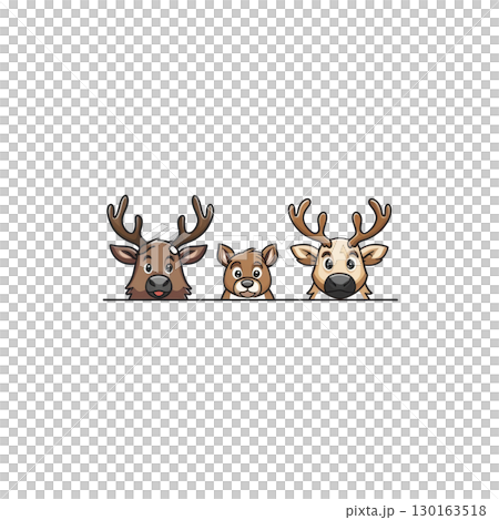 A Three cute cartoon deer with antlers and expressive eyes are lined up, showcasing playful and whimsical design. middle deer is smaller, adding charming touch to illustration 130163518
