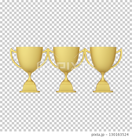 A Three golden trophies are displayed in row, symbolizing achievement and success. shiny gold finish and classic design evoke sense of victory and celebration A Three golden trophies are displayed in row, symbolizing achievement and success. shiny gold finish and classic design evoke sense of victory and celebration 130163524