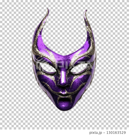 A vibrant purple masquerade mask with glittering gold accents and devilish horned design, perfect for mysterious and enchanting costume party A vibrant purple masquerade mask with glittering gold accents and devilish horned design, perfect for mysterious and enchanting costume party 130163529
