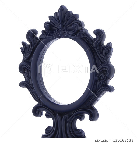 An ornate, dark blue oval picture frame with intricate floral and scrollwork details, exuding vintage and elegant charm. frame design is both decorative and sophisticated 130163533